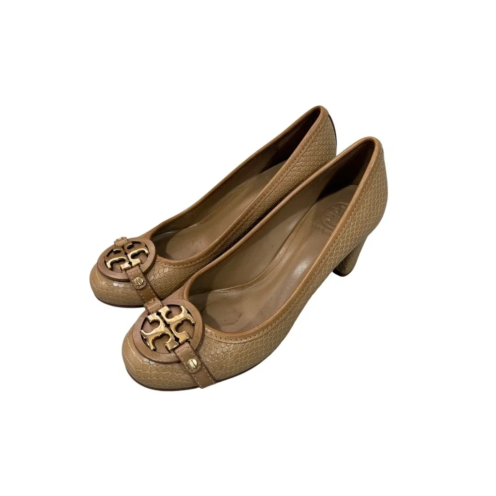 Tory Burch Aaden Tan Snakeskin Embossed Leather Block Heel Logo Pumps Size 8M